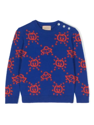 Gucci Kids Interlocking G Logo intarsia-knit Jumper | Blue | FARFETCH