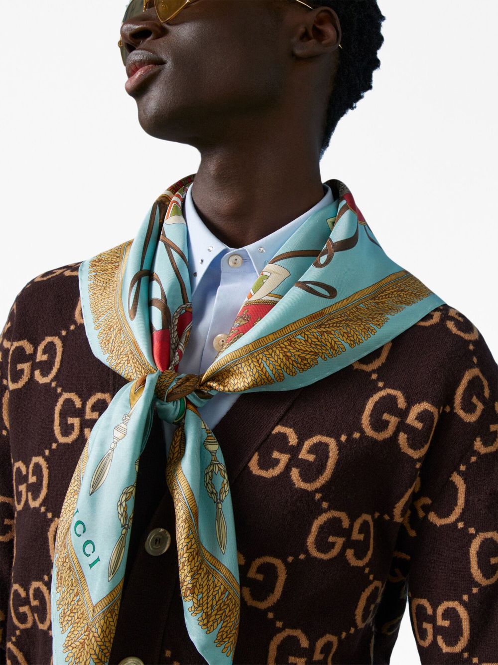 Shop Gucci Gg-jacquard Wool Cardigan In Brown