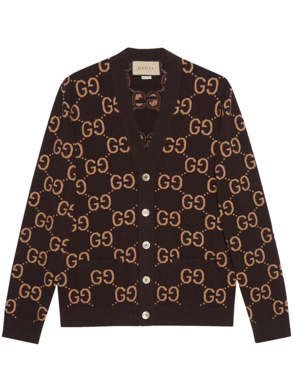 Shop Gucci Gg-jacquard Wool Cardigan In Brown