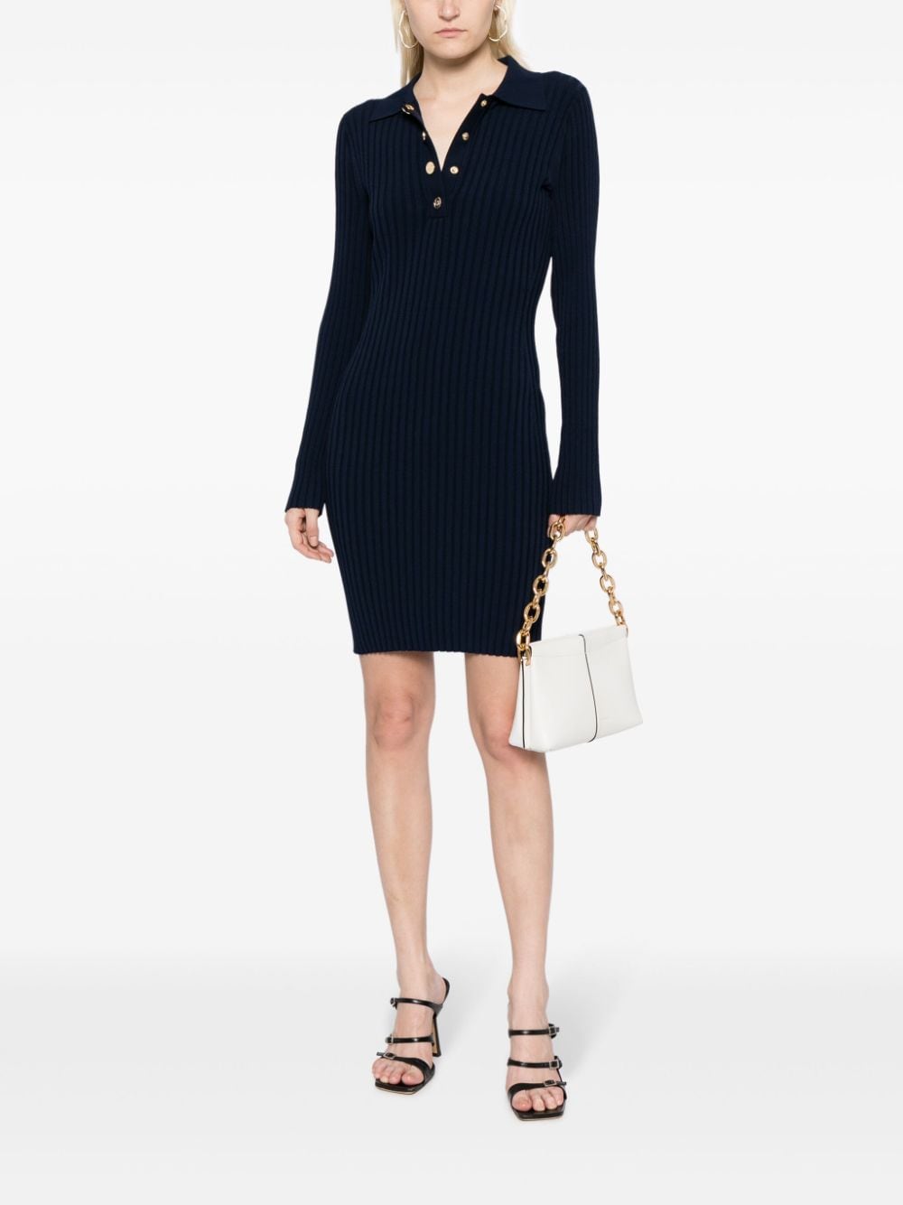 Shop Michael Kors Ribbed-knit Polo-collar Minidress In Blue