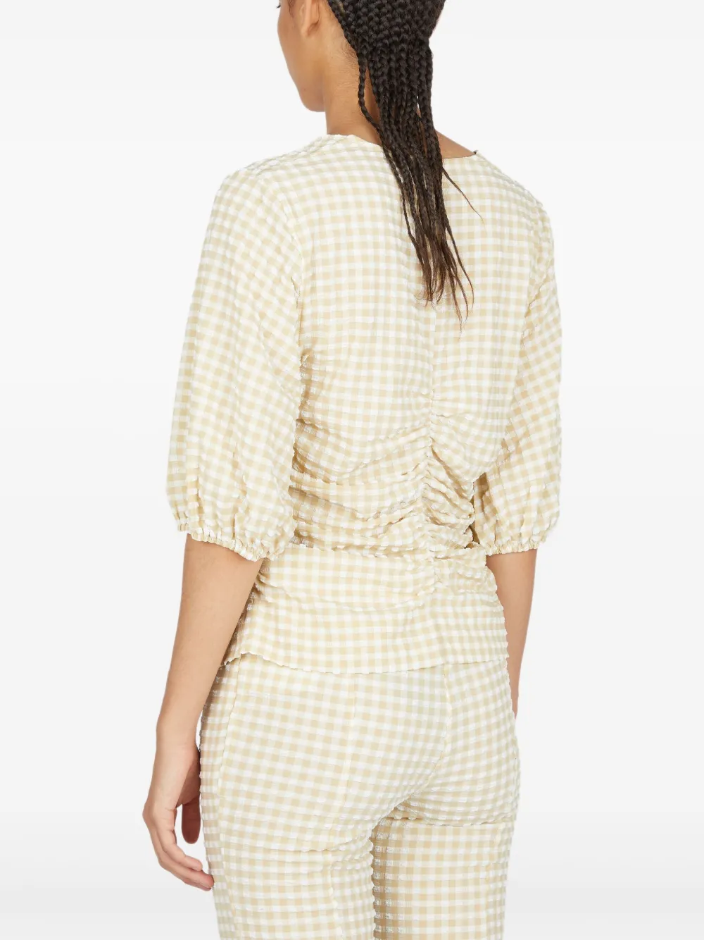 Ganni Check-print Blouse In Neutrals