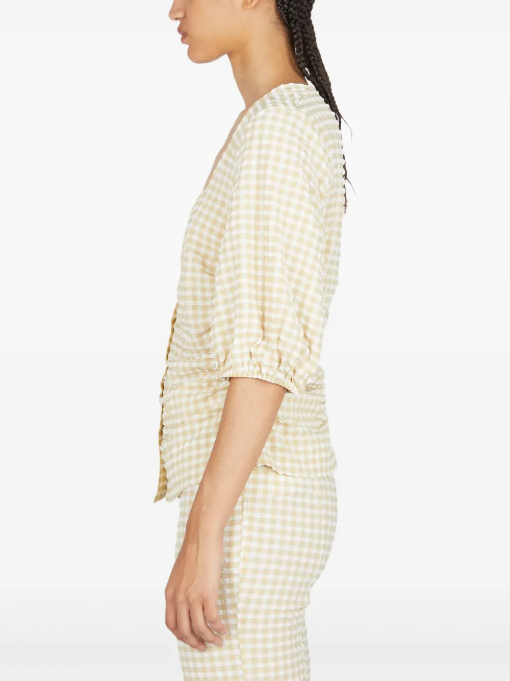 Ganni Check-print Blouse In Neutrals