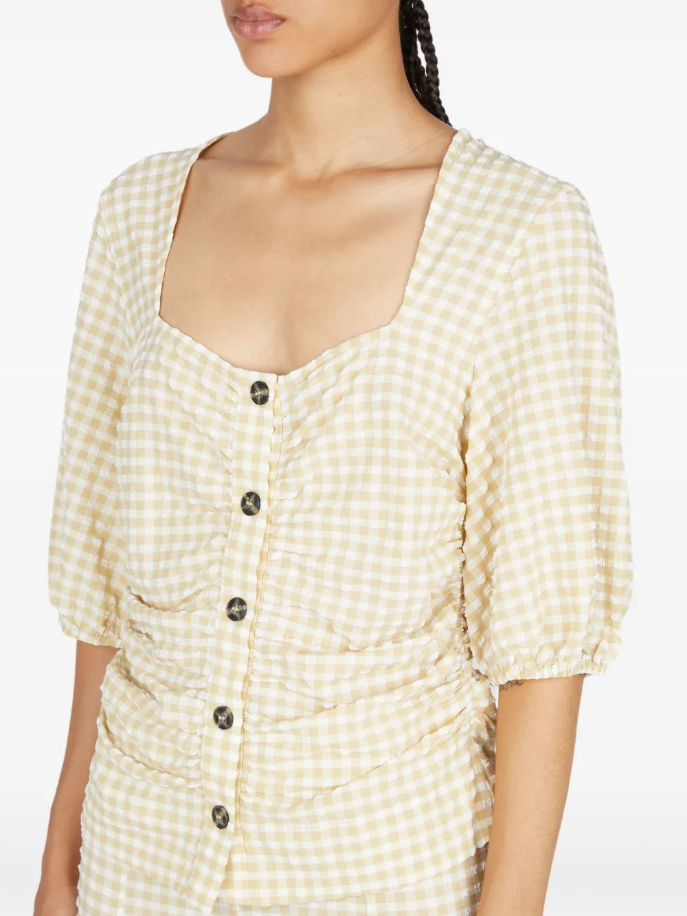 Ganni Check-print Blouse In Neutrals