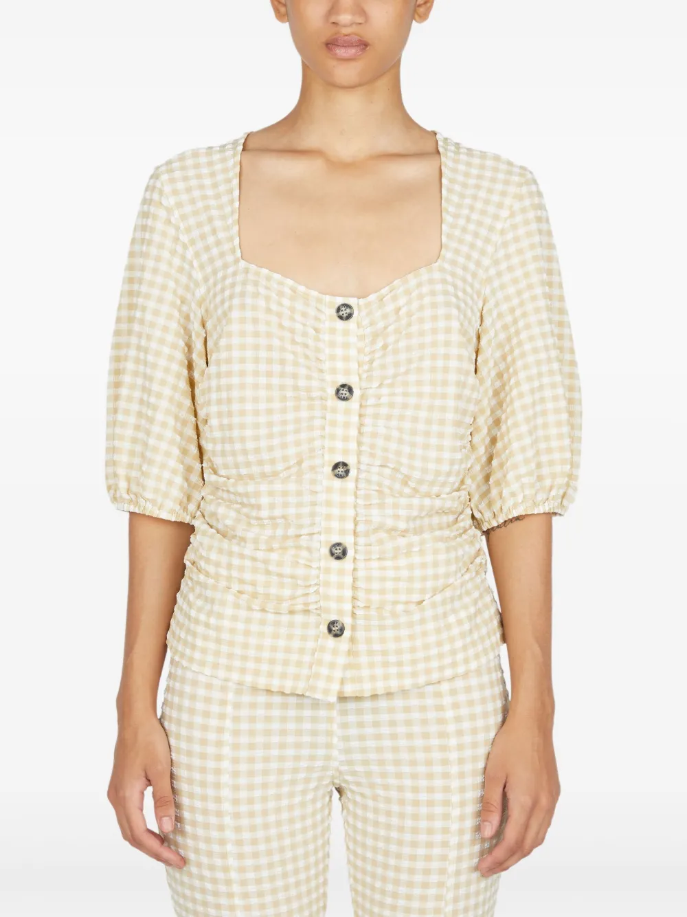 Ganni Check-print Blouse In Neutrals