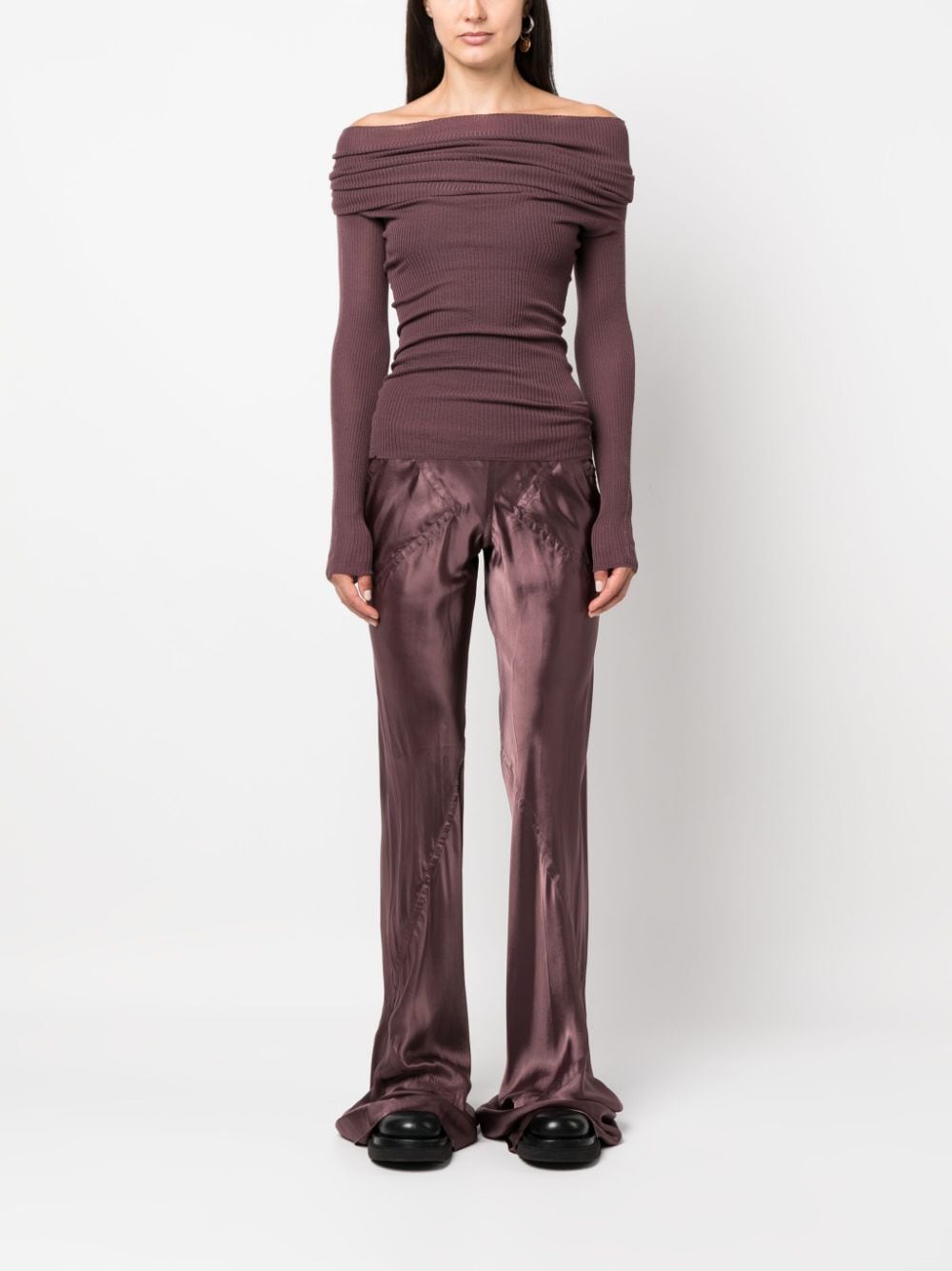 Shop Rick Owens Luxor Bias Satin Flared Trousers In Purple