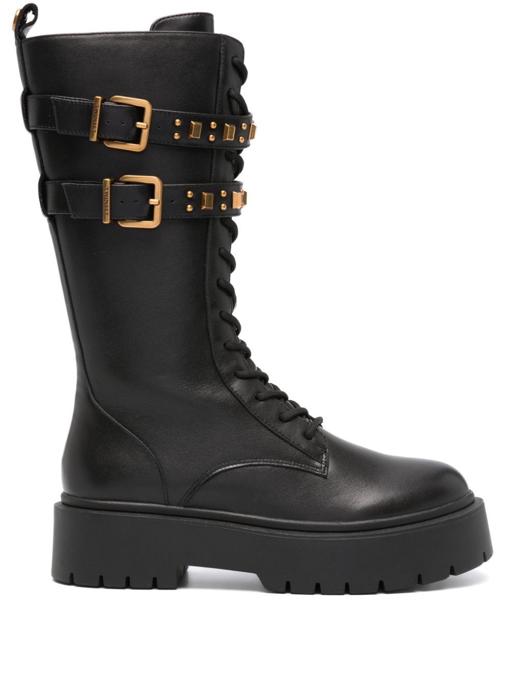 Twinset Lace-up Leather Combat Boots In Black