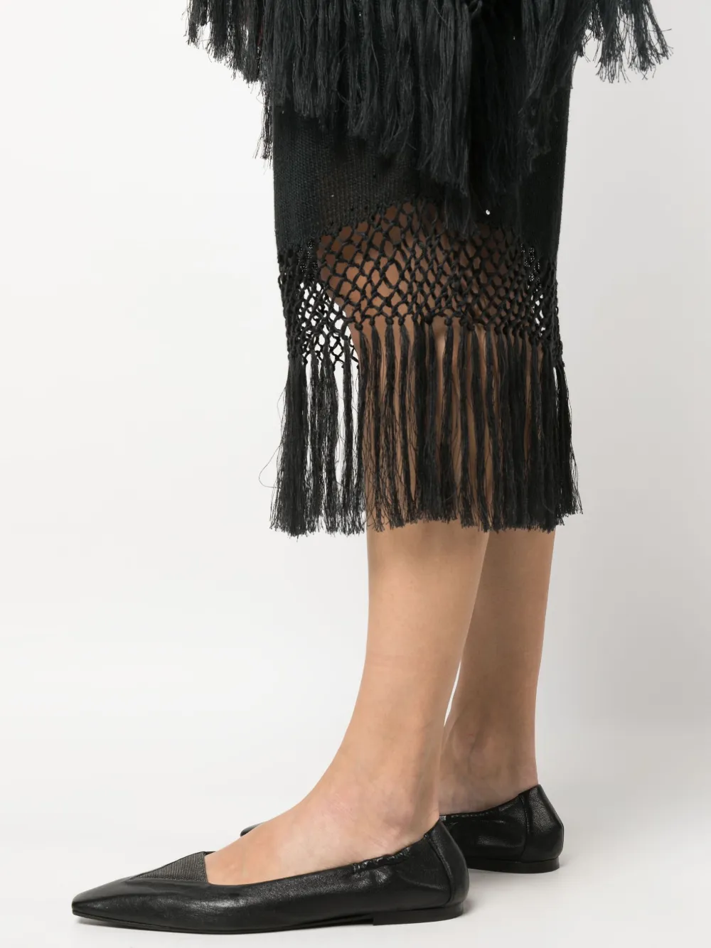 Brunello Cucinelli Fringe-hem Linen Silk Paillette Knit Midi Skirt In Grey