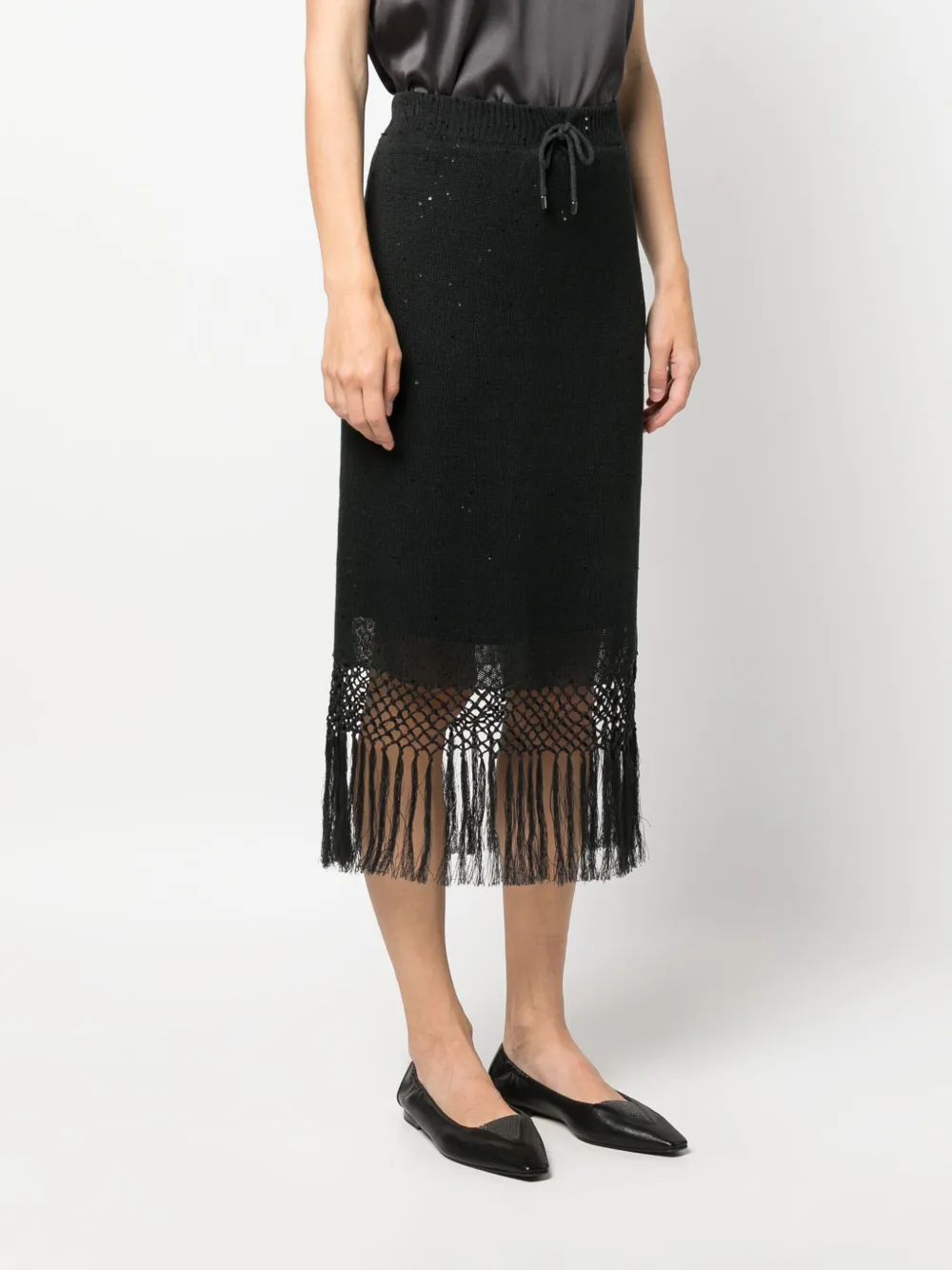 Brunello Cucinelli Fringe-hem Linen Silk Paillette Knit Midi Skirt In Grey