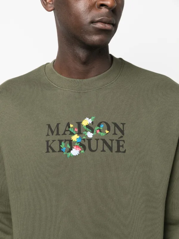 【関税込み】Maison Kitsune グリーン Flowers スウェットシャツ Maison Kitsuné floral-embroidered Cotton Sweatshirt | Green