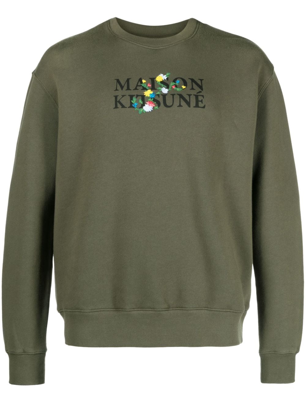 Shop Maison Kitsuné Floral-embroidered Cotton Sweatshirt In Green