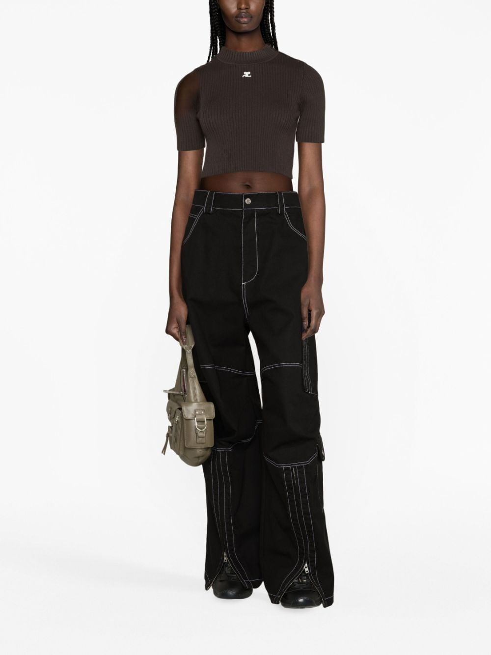 Shop Courrèges Logo-embroidered Ribbed-knit Cropped Top In Brown