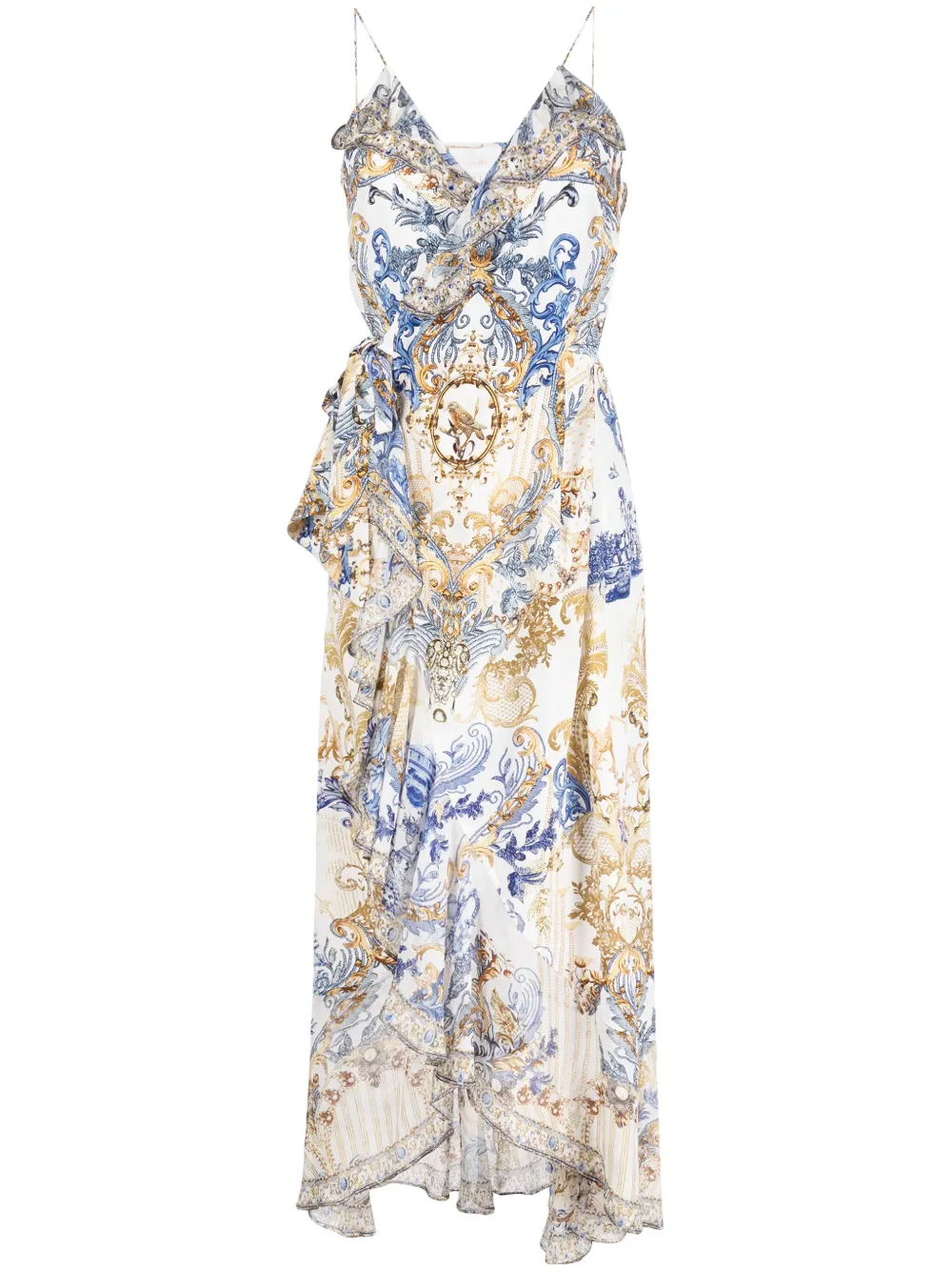 Camilla Soul Searching Ruffle Silk Wrap Dress In Blau