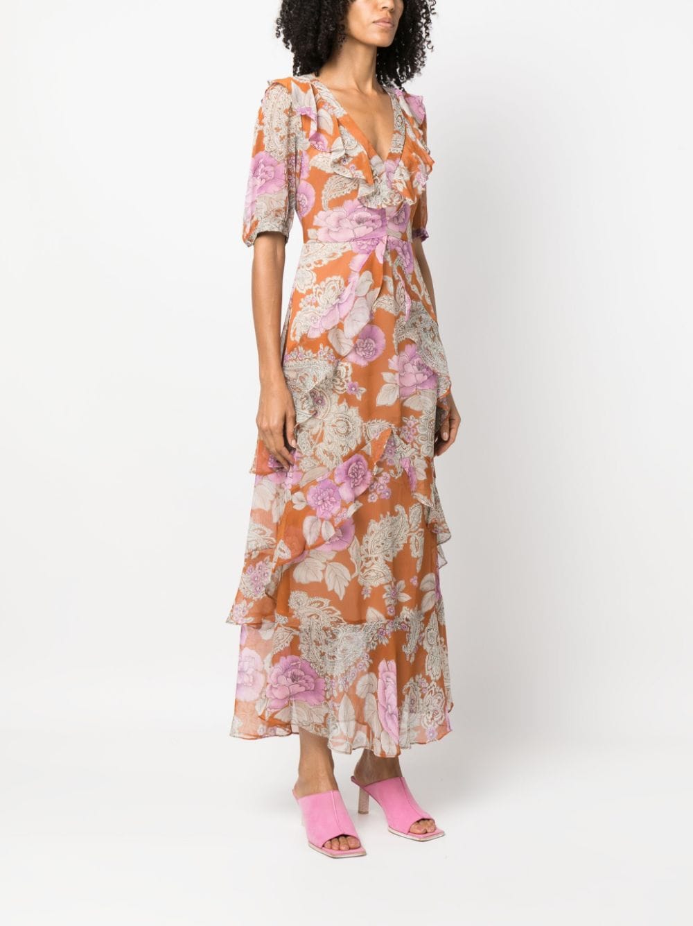 Shop Twinset Floral-print Ruffled Maxi Dress In Orange