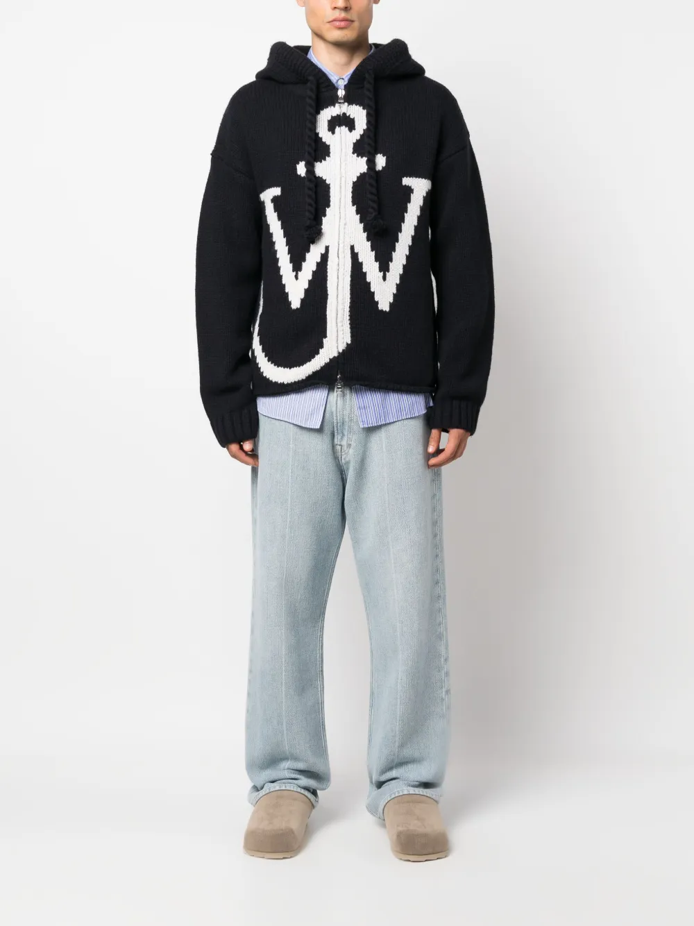 JW Anderson JW-initials anchor-logo intarsia-knit hoodie - Blauw