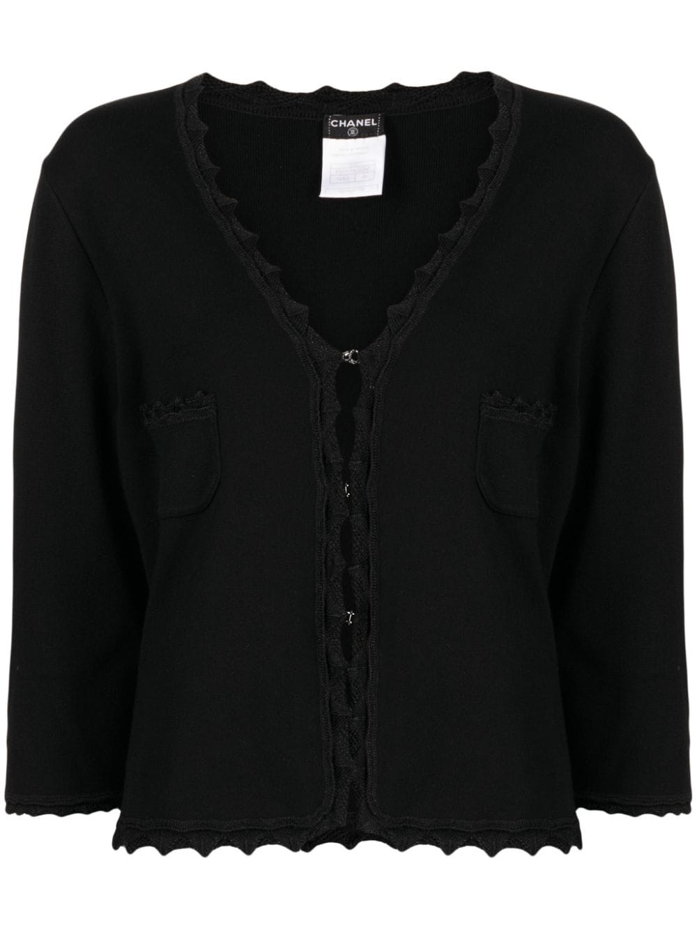 CHANEL Pre-Owned - crochet-trim V-neck cardigan - women - Polyester/Polyamide/Viscose/Cashmere - One Size - Black