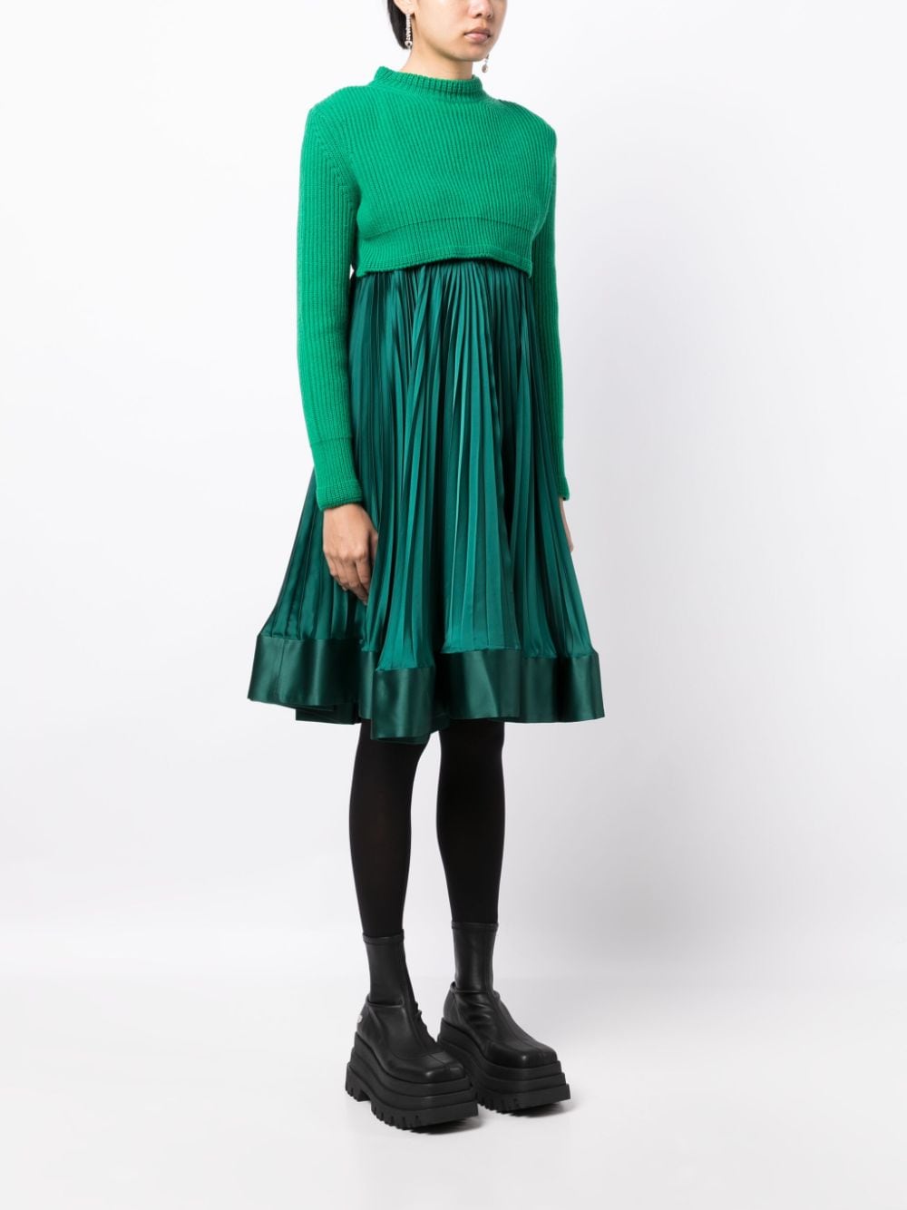 Shop Sacai Pleated Layered Wool Dress In Green