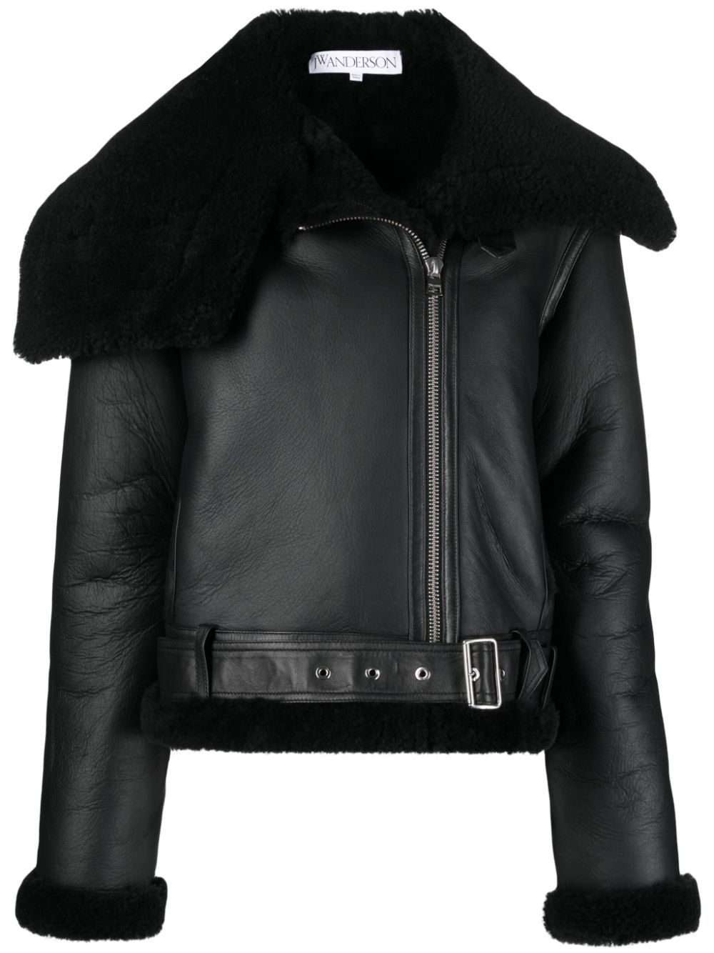 Shop Jw Anderson Shearling-trim Leather Biker Jacket In Black