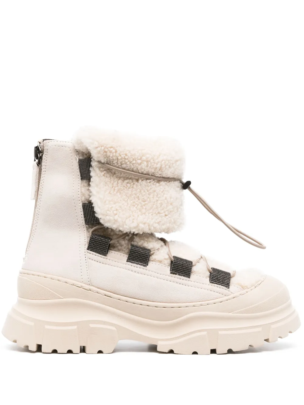 Brunello Cucinelli Ankle Fleece Leather Boots In Neutrals