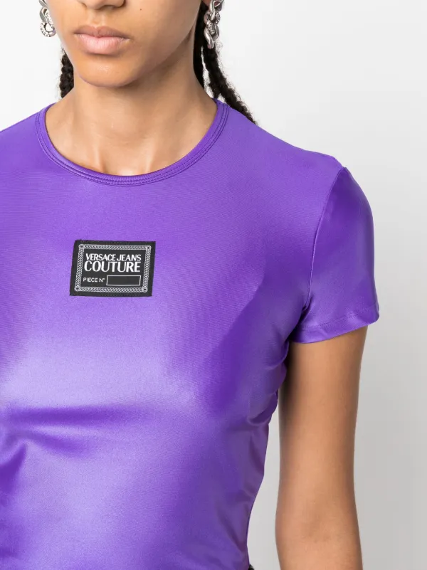 Tシャツ・カットソー VERSACE Women Tops 1010024 PURPLE NWT Versace Goddess Double Logo Black Purple Oversized T