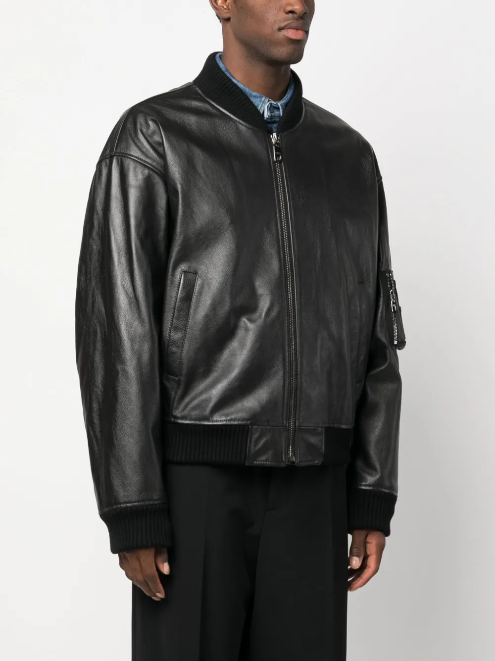 leather zip-up bomber jacket