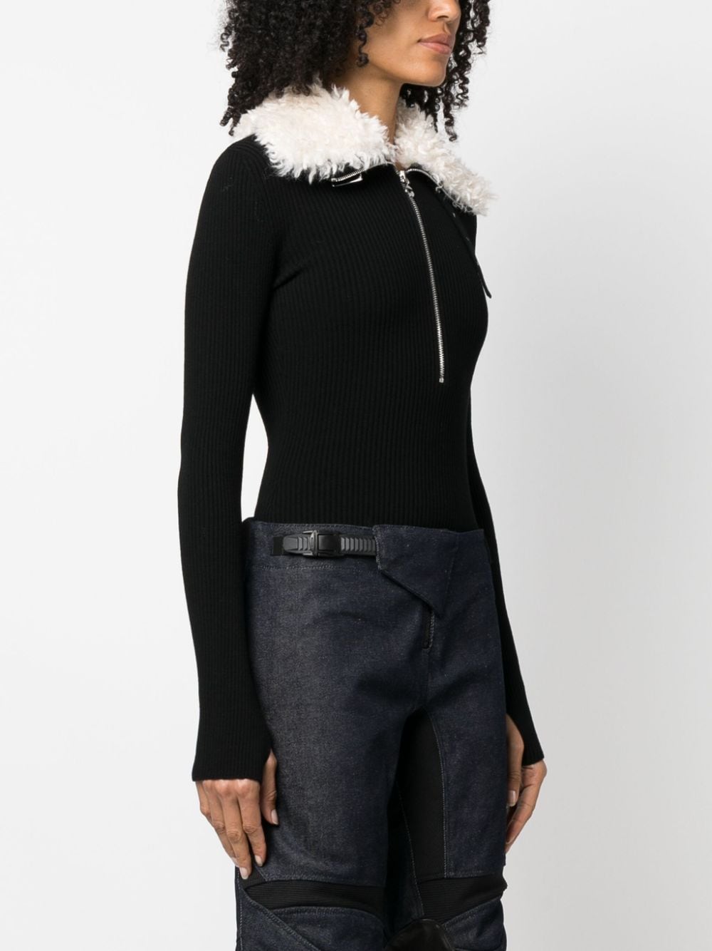 Shop Coperni Fleece-collar Ribbed Bodysuit In Black