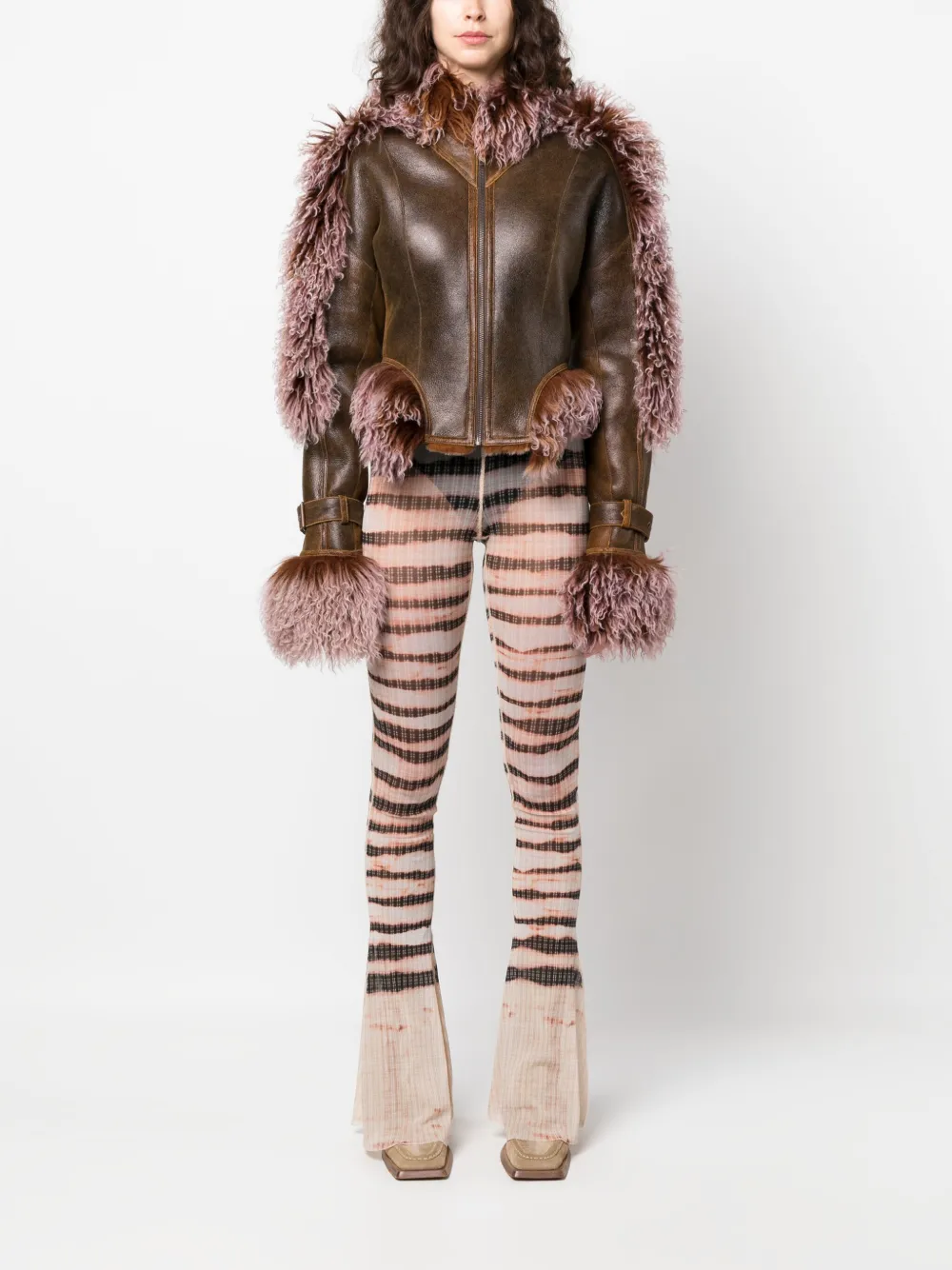 Shop Jean Paul Gaultier X Knwls Shearling-trim Leather Jacket In Brown