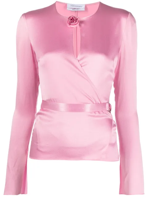 Blumarine rose appliquée belted long-sleeved blouse