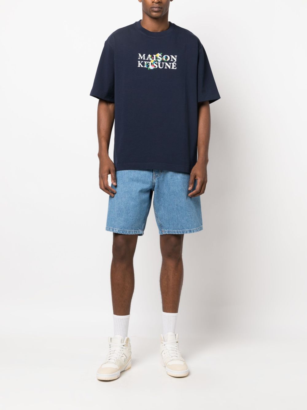 Maison Kitsuné logo-embroidered crew-neck T-shirt - Blauw