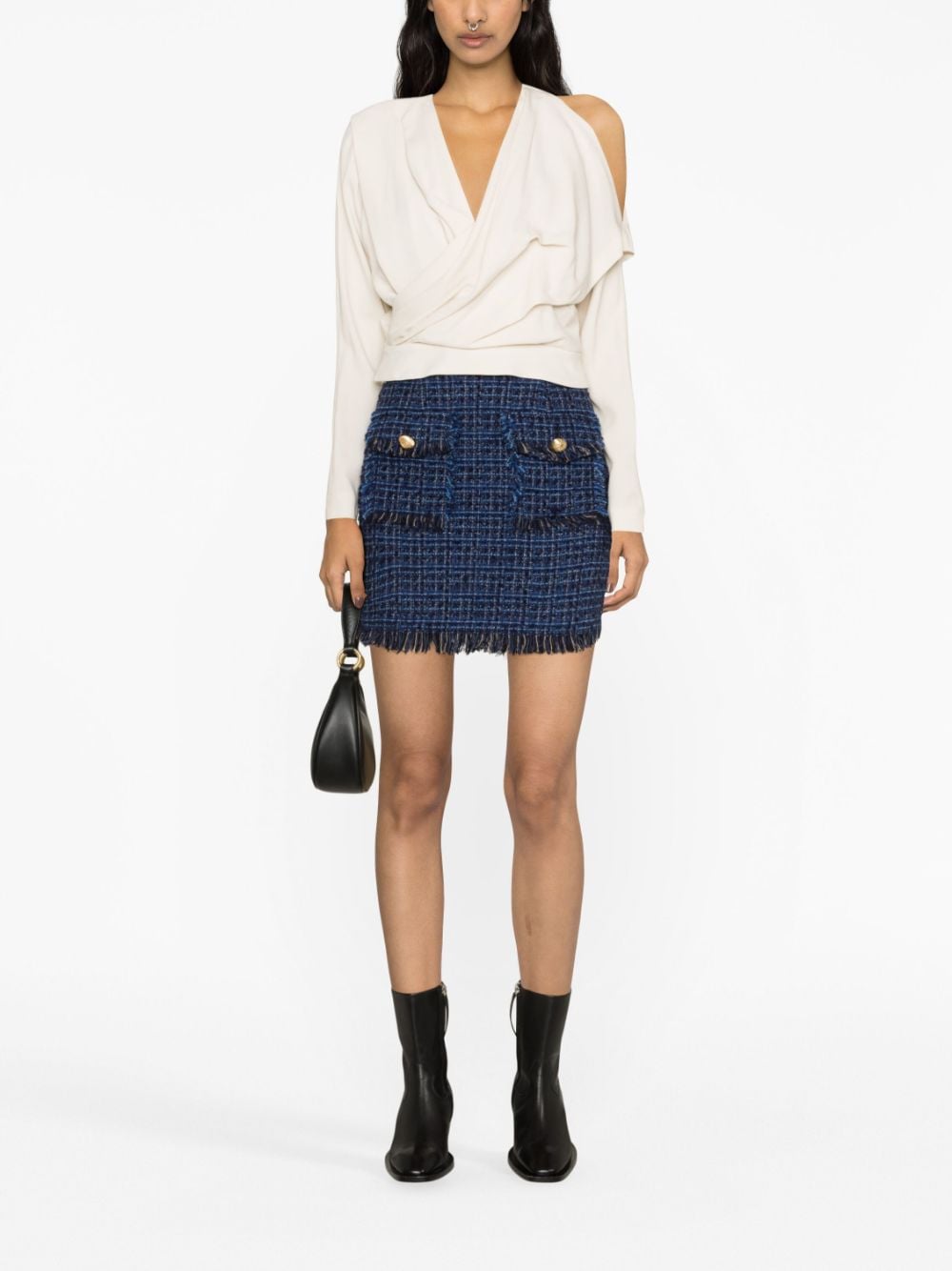 Shop Liu •jo Frayed-edge Bouclé Miniskirt In Blue