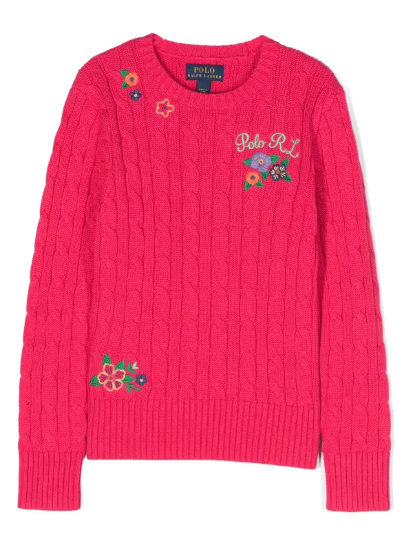 Ralph Lauren Kids floral embroidered cable knit Jumper Farfetch