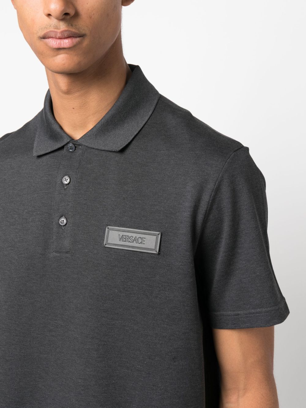Shop Versace Logo-patch Cotton Polo Shirt In Grey