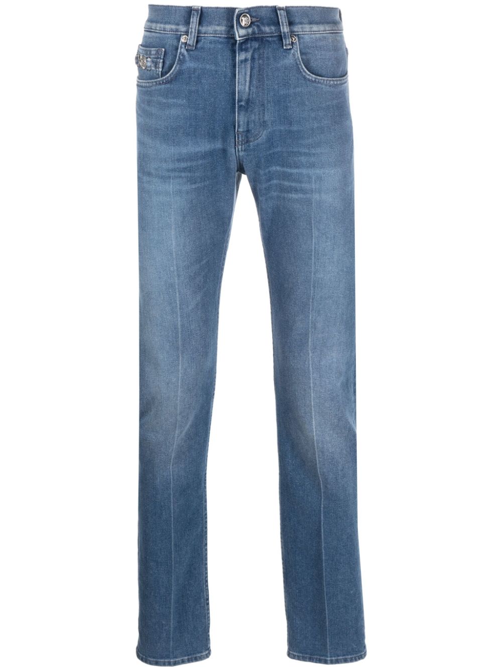Shop Versace Logo-patch Slim-cut Jeans In Blue