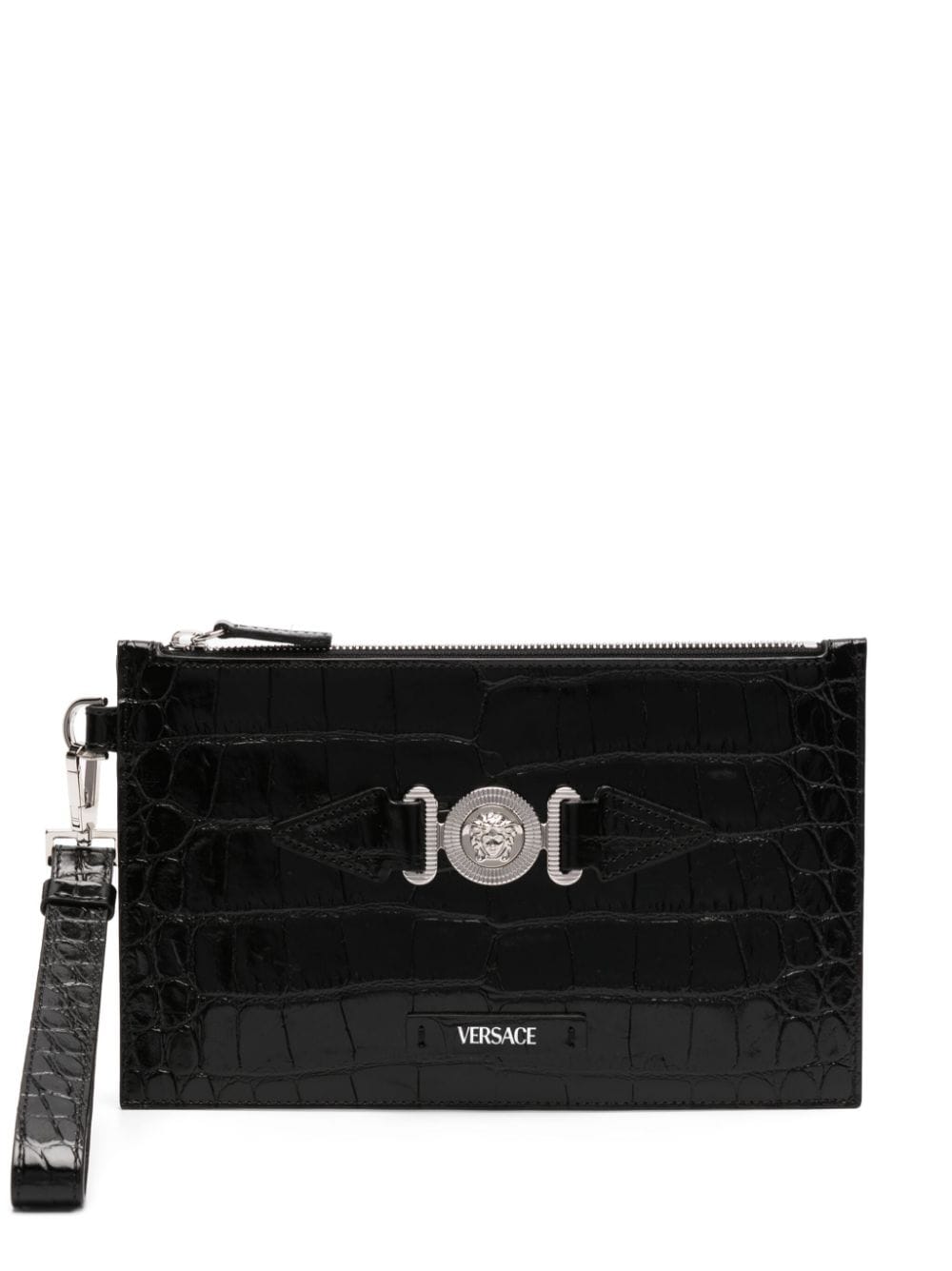 Shop Versace Medusa Biggie Crocodile-embossed Clutch Bag In 1b00p Black - Palladium