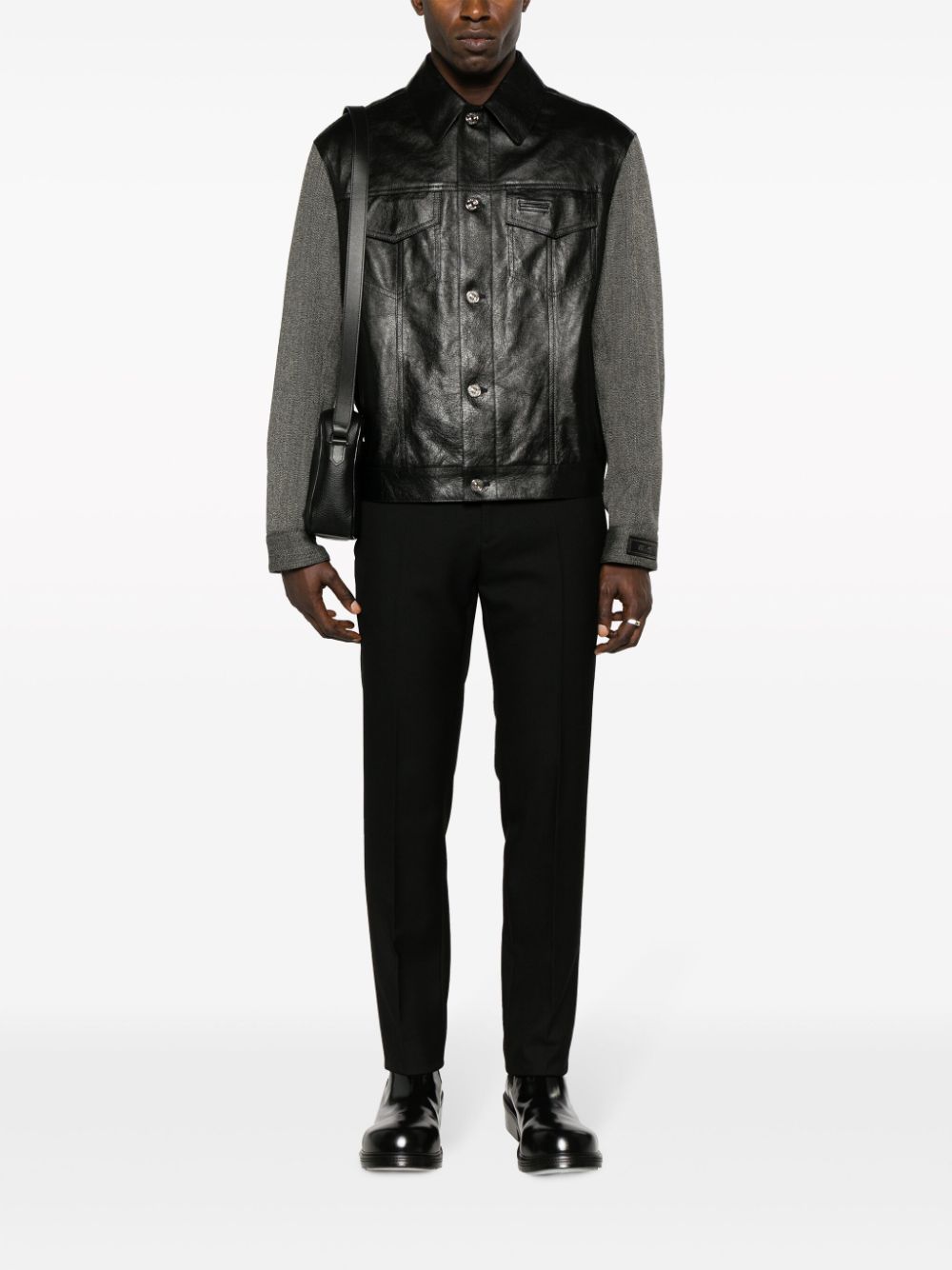 Shop Versace Panelled Button-down Leather Jacket In Black