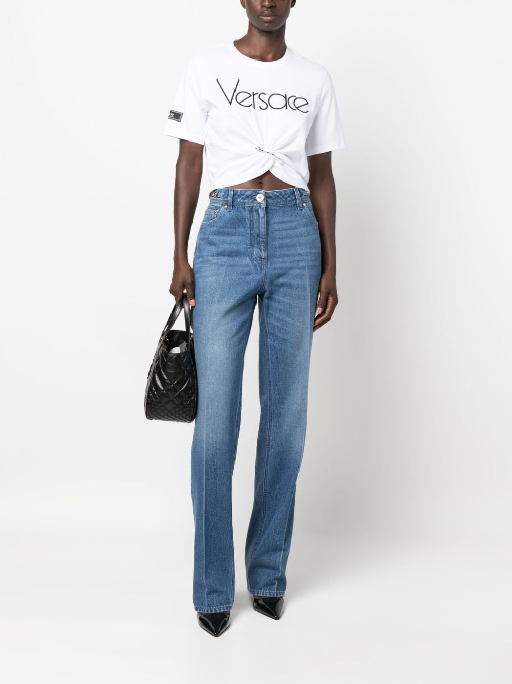 Shop Versace Safety Pin Cropped T-shirt In White