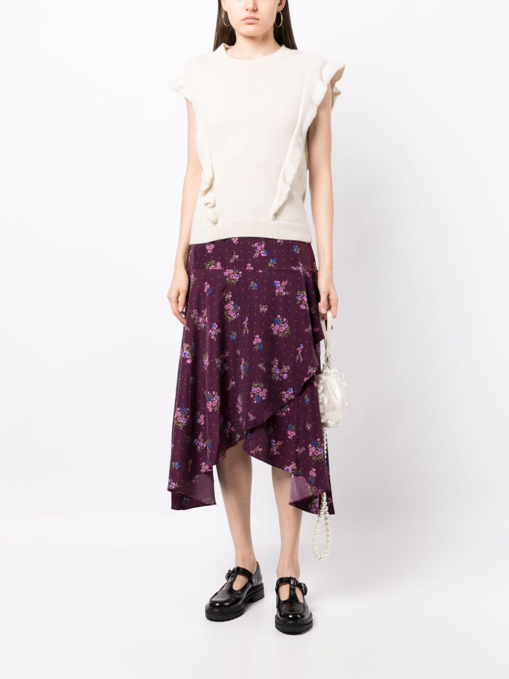 Shop B+ab Asymmetric Floral-print Midi Skirt In Purple