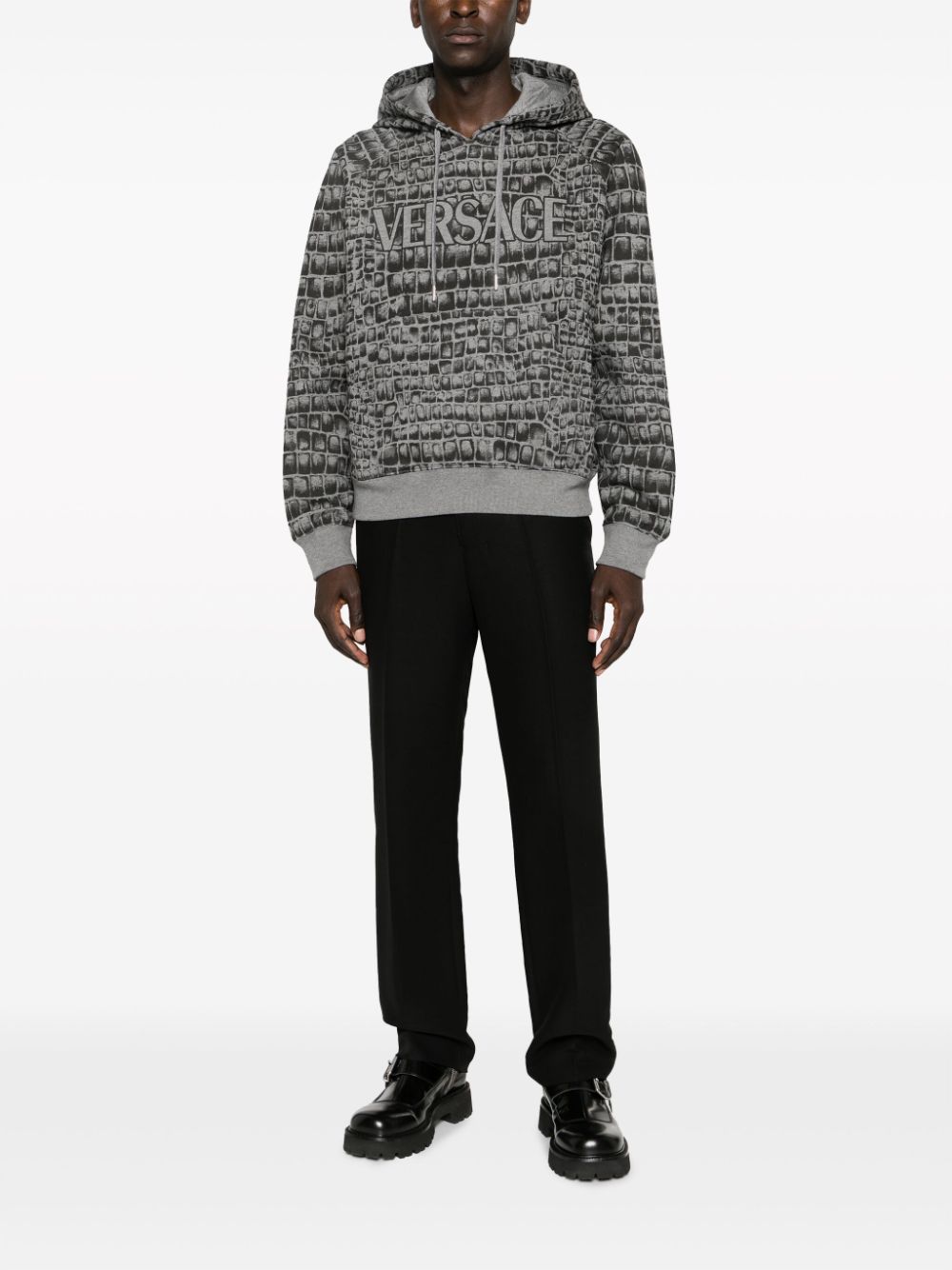 Shop Versace Coccodrillo-print Cotton Hoodie In Grey