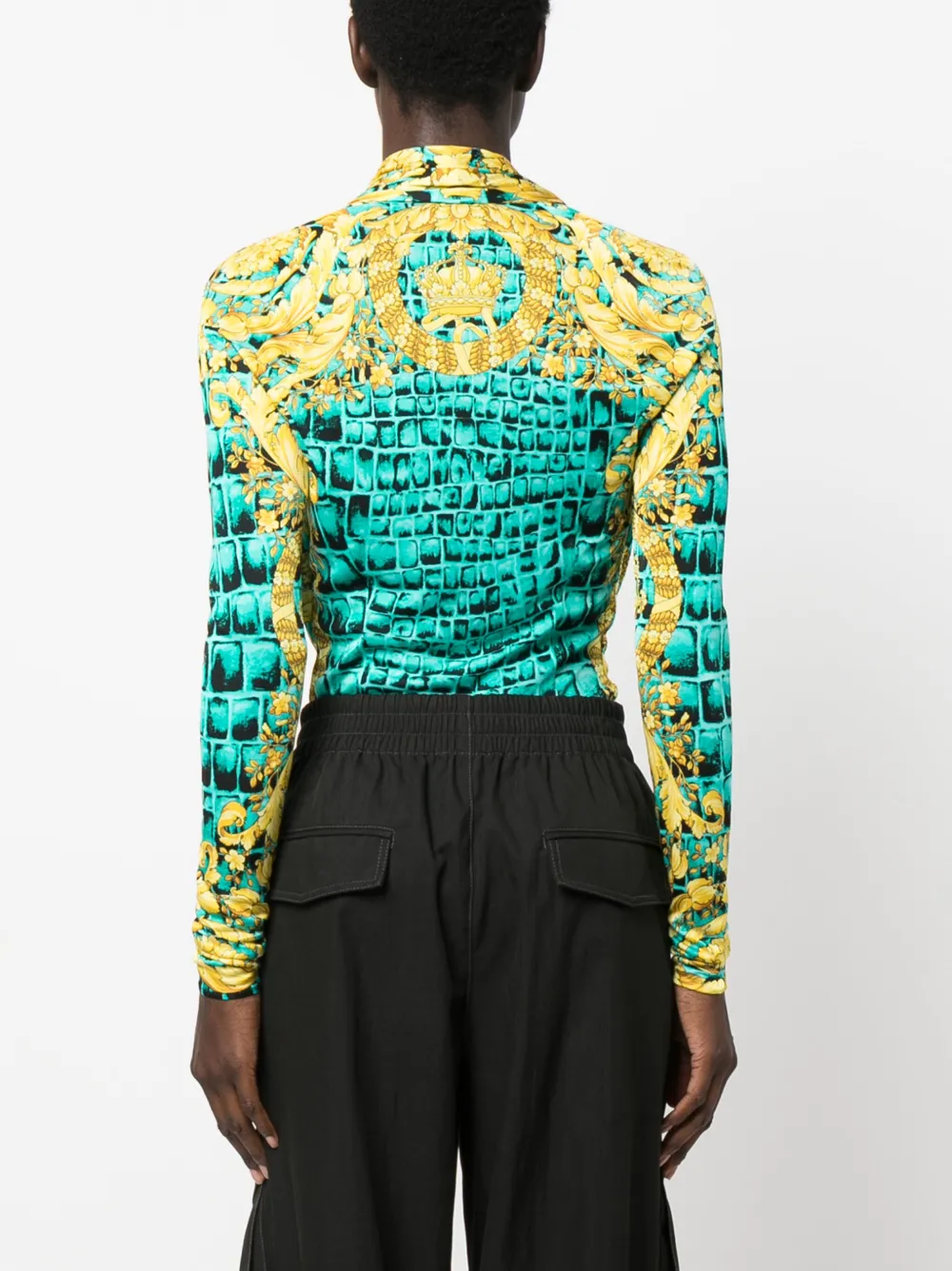 Versace Baroccodile-print Draped Bodysuit In Green