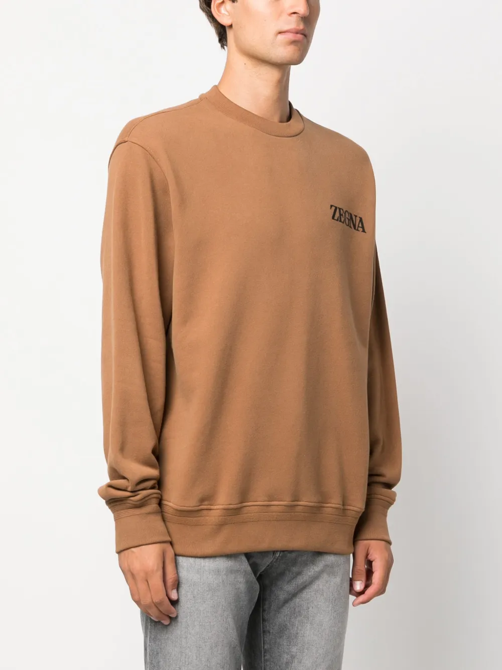 Zegna Crew-neck Sweatshirt With Flocked Logo In Braun