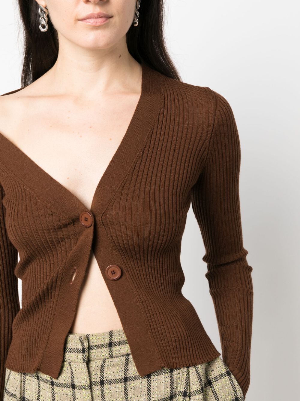 Shop Semicouture Asymmetric Ribbed Cardigan In Brown