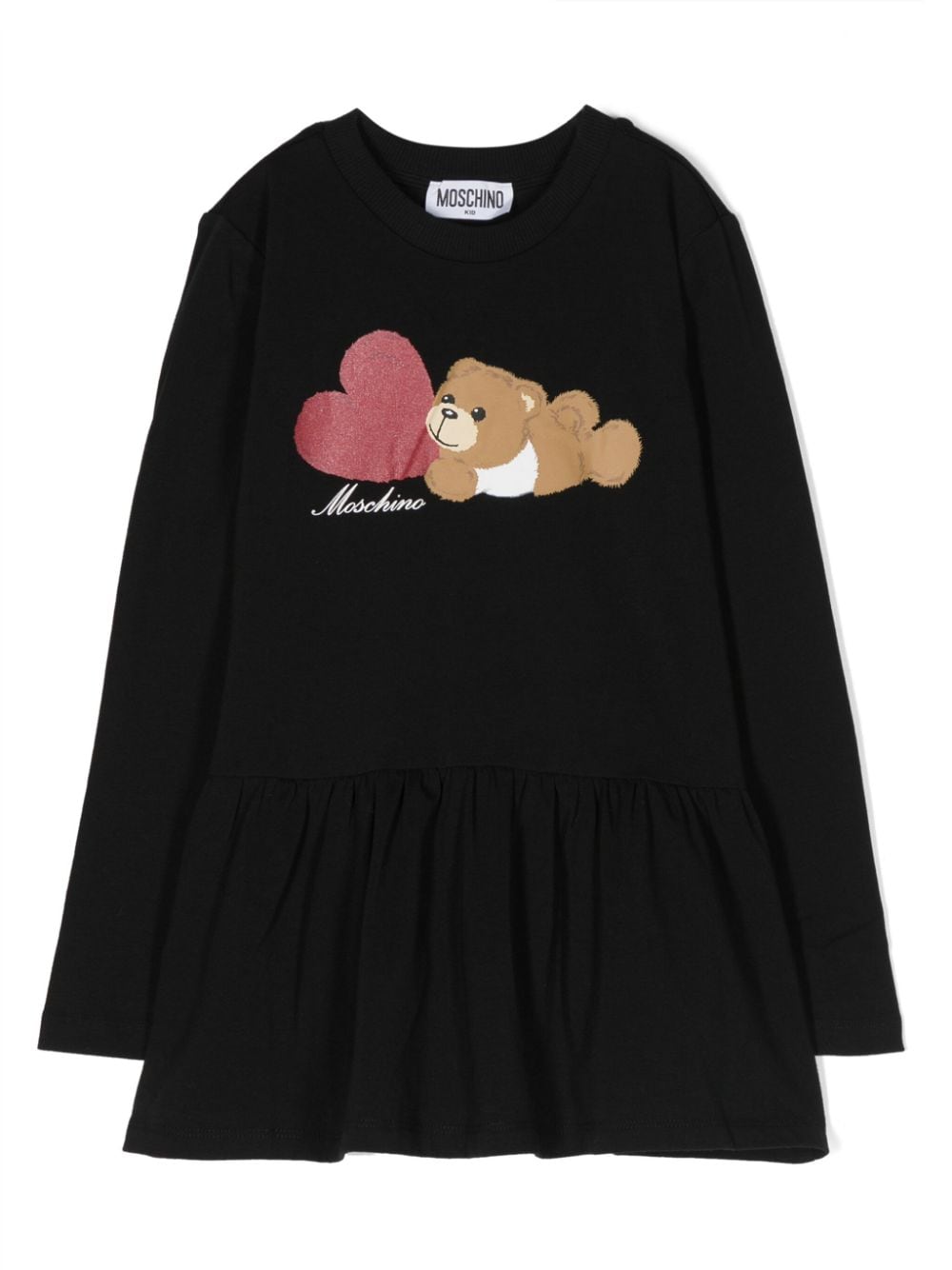 Moschino Kids' Teddy Bear-print Long-sleeve Dress In Black