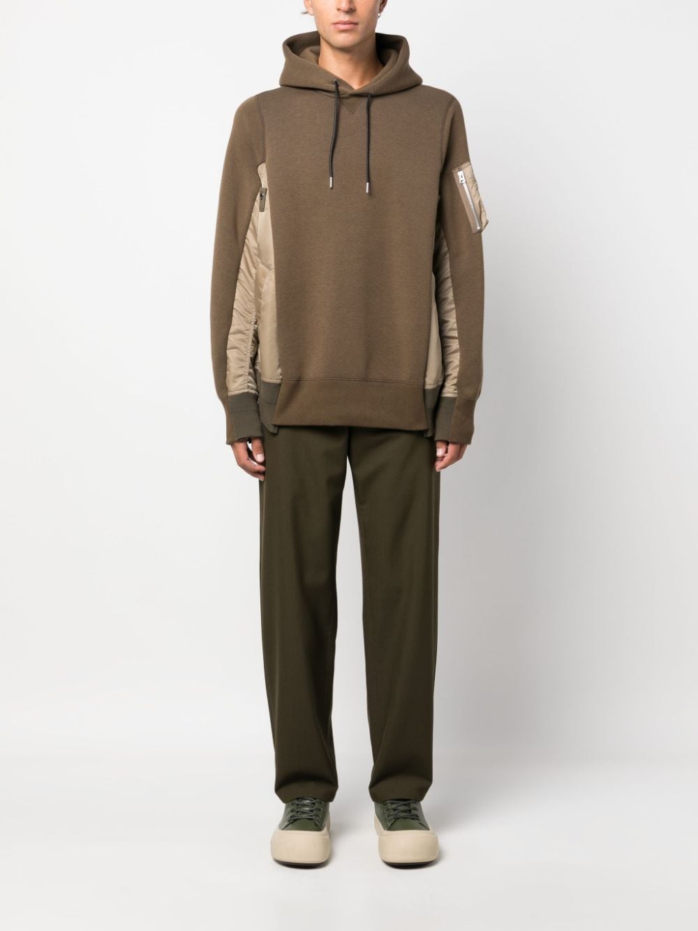 sacai panelled asymmetric hoodie - Groen