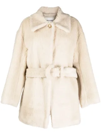 Longline Faux Shearling Coat with Open Front and Belted Sleeves