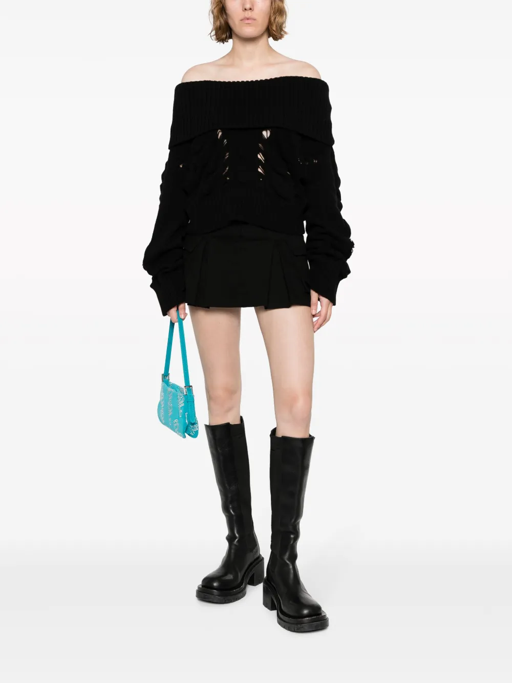 Blumarine off-shoulder open-knit wool jumper - Zwart
