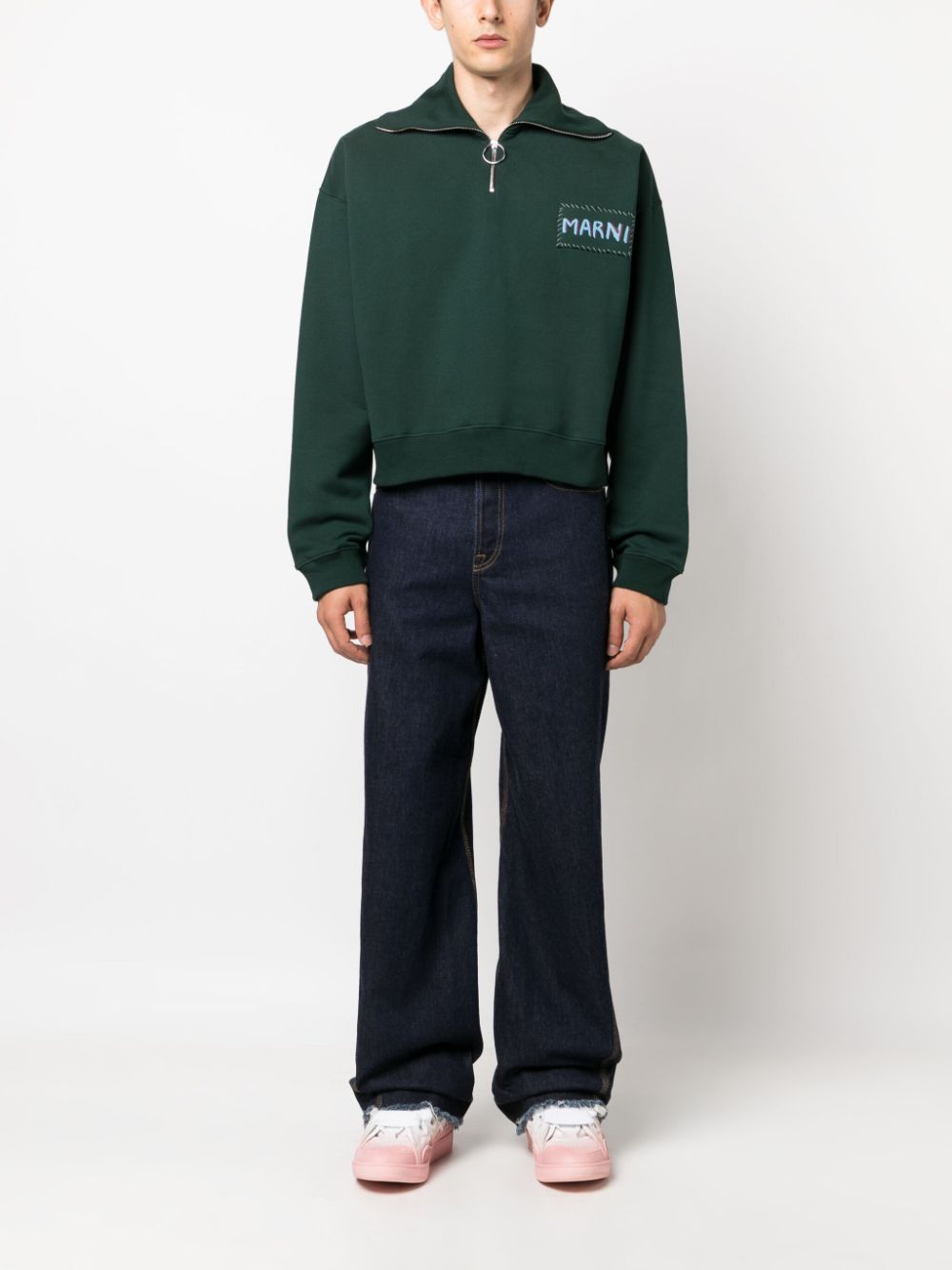 Shop Marni Logo-print Short-zip Cotton Sweatshirt In Green