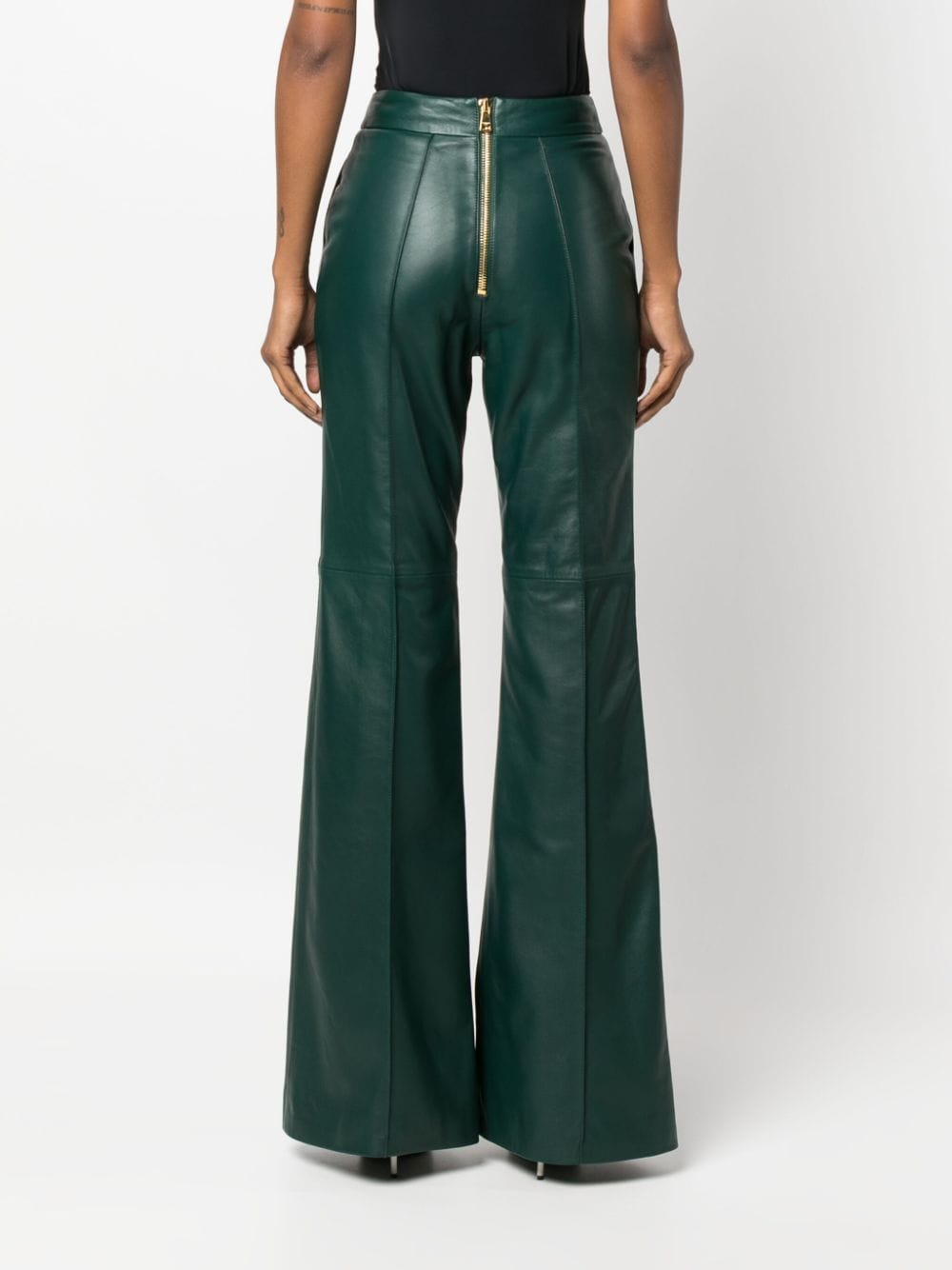 Shop Balmain Button-embellished Leather Flared Trousers In Grün