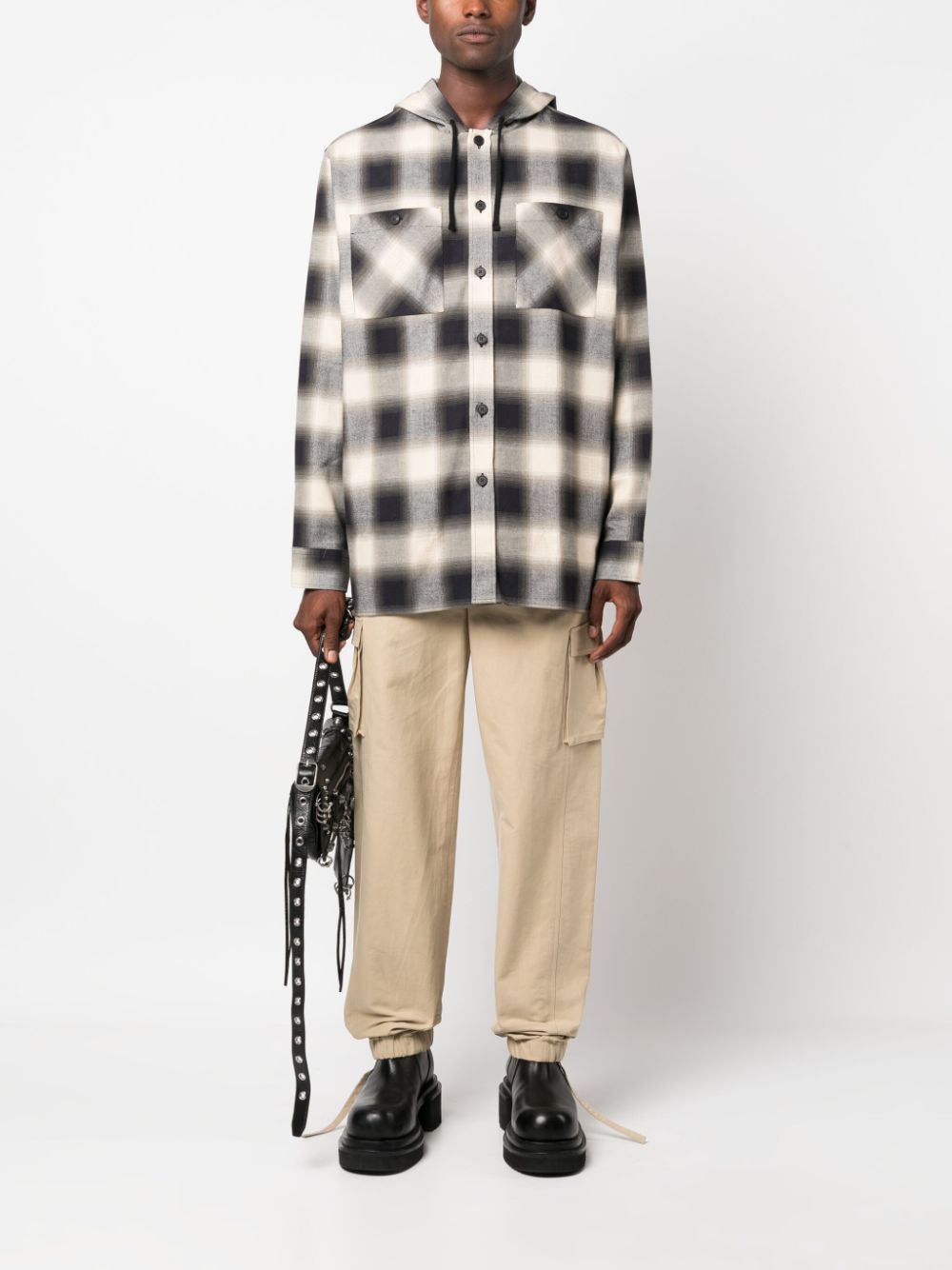 Shop Givenchy Checkered Cotton Hooded Shirt In Neutrals