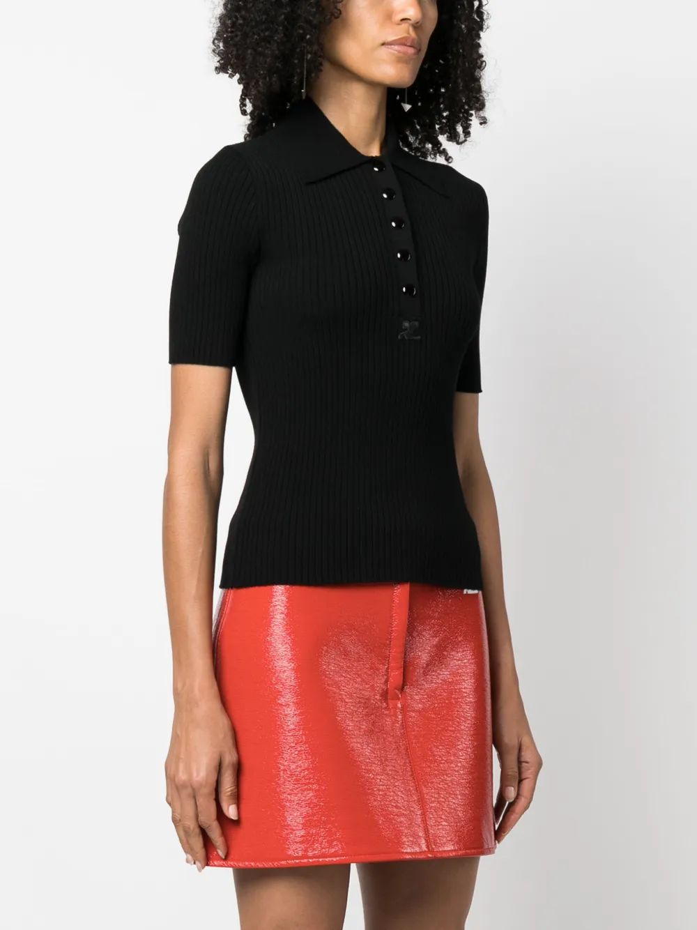Courrèges Ribbed-knit Short-sleeve Top In Schwarz
