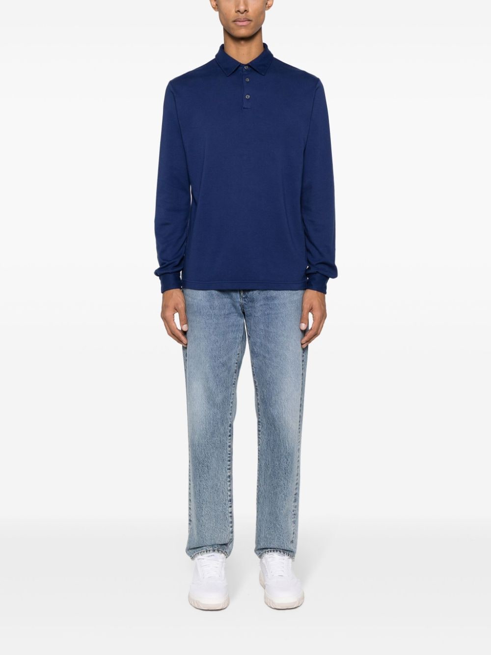 Shop Zanone Long-sleeve Cotton Polo Shirt In Blue