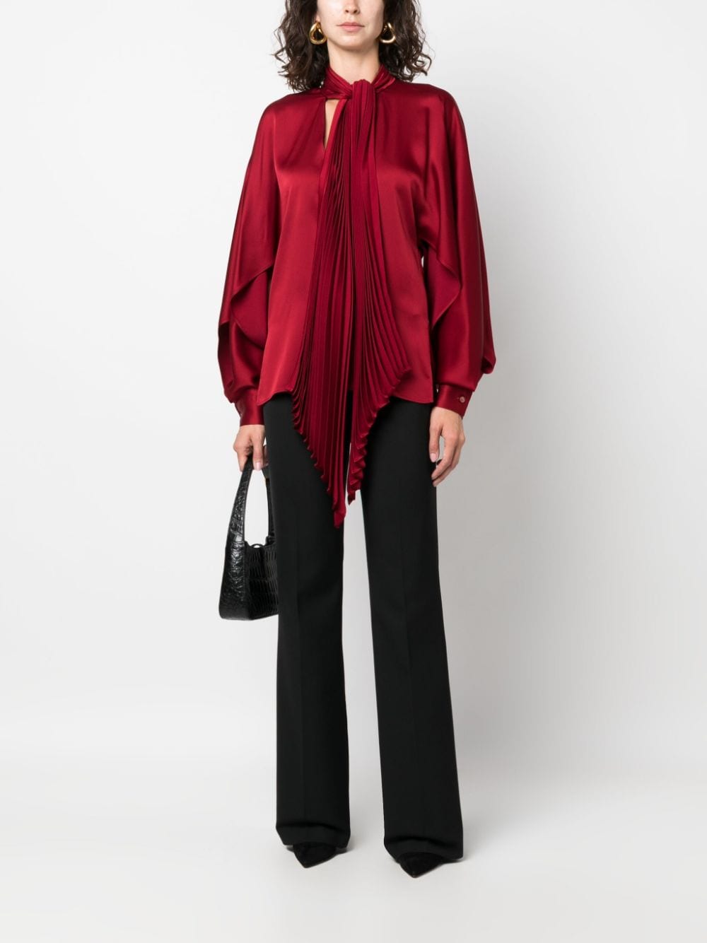 Shop Del Core Pleated Pussy-bow Satin Blouse In Red